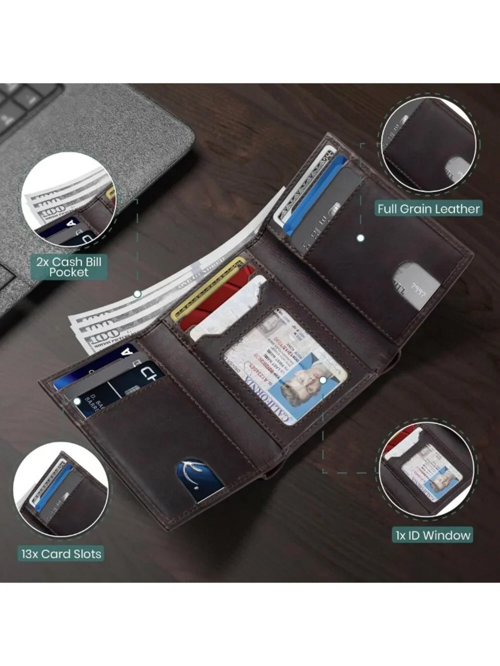 Slim RFID Blocking Leather Trifold Wallet for Men - 11 Card Slots, ID Window